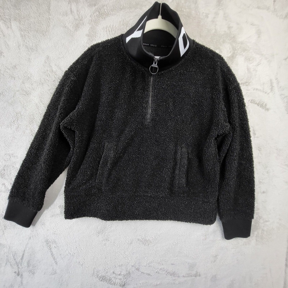 DKNY Sport Sherpa Pullover‎ Sweatshirt Quarter Zip Cozy Black XS